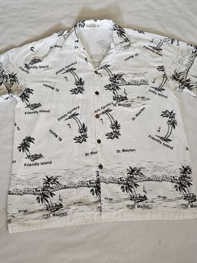 Hawaiian Shirt Men 3XL White Black Tropical Print Cotton Button Down.